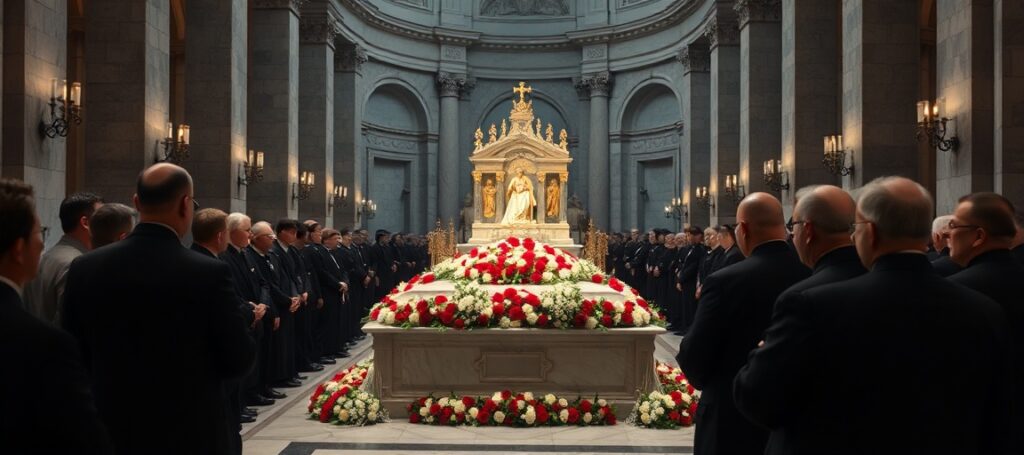 Scena w Bazylice św. Piotra przedstawiająca grób Karola Wojtyły z kwiatami i grupą osób wokół, w tym prezydentem RP Karolem Nawrockim. Atmosfera jest poważna i ponura, podkreślająca kult jednostki zamiast Chrystusa.