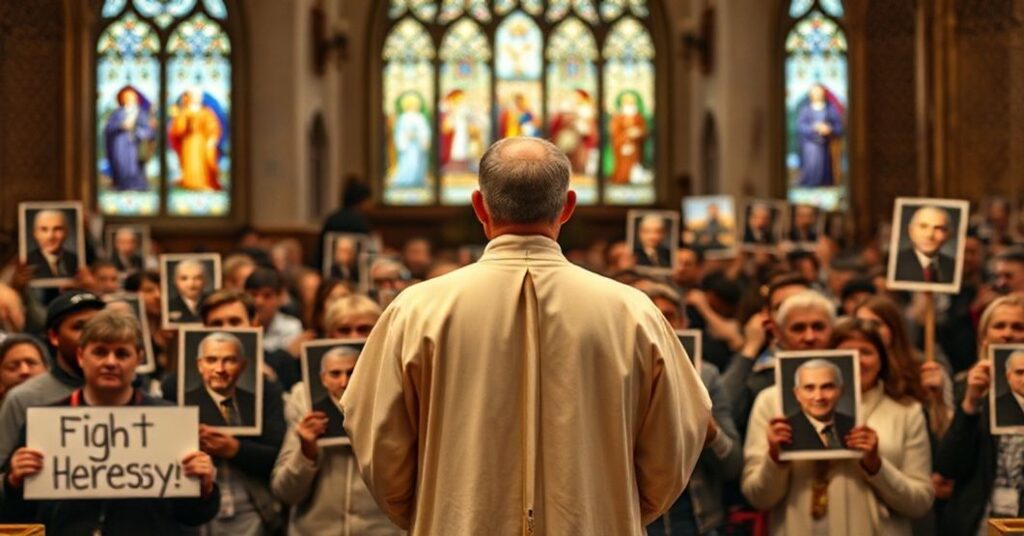Ksiądz w tradycyjnych szatach stoi przed tłumem z obrazami Jana Pawła II na tle protestów 'Walk Heresy' w wnętrzu kościoła z witrażami świętych