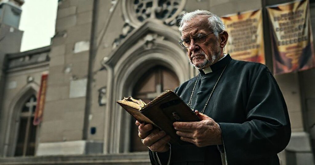 Stary ksiądz w sutannie trzymający starą księgę doktryny podziwia młodego człowieka patrzącego na telefon z obrazem Wojtyły przed nowoczesną fasadą kościoła.