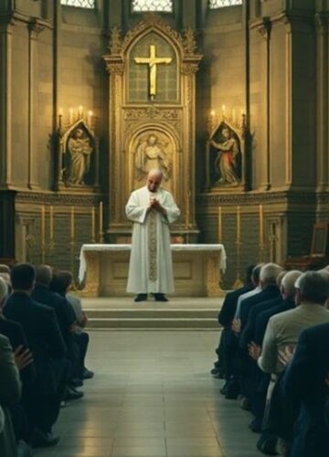 Kult heretyka: XXV Dzień Papieski jako przejaw apostazji posoborowej Wierni modlący się w tradycyjnej bazylice podczas wydarzenia upamiętniającego papieża Jana Pawła II, kontrastując z postacą w nowoczesnym strój kościeli przy ozdobionym modernistycznie ołtarzu