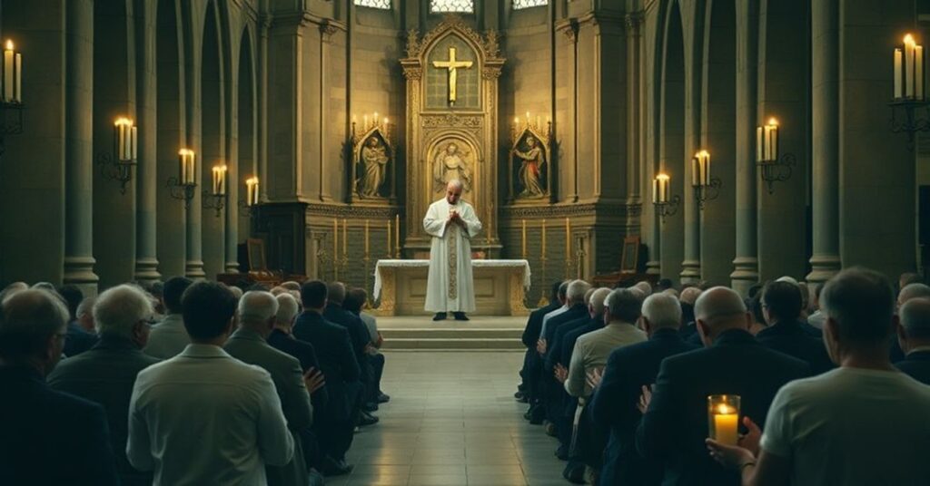 Wierni modlący się w tradycyjnej bazylice podczas wydarzenia upamiętniającego papieża Jana Pawła II, kontrastując z postacą w nowoczesnym strój kościeli przy ozdobionym modernistycznie ołtarzu