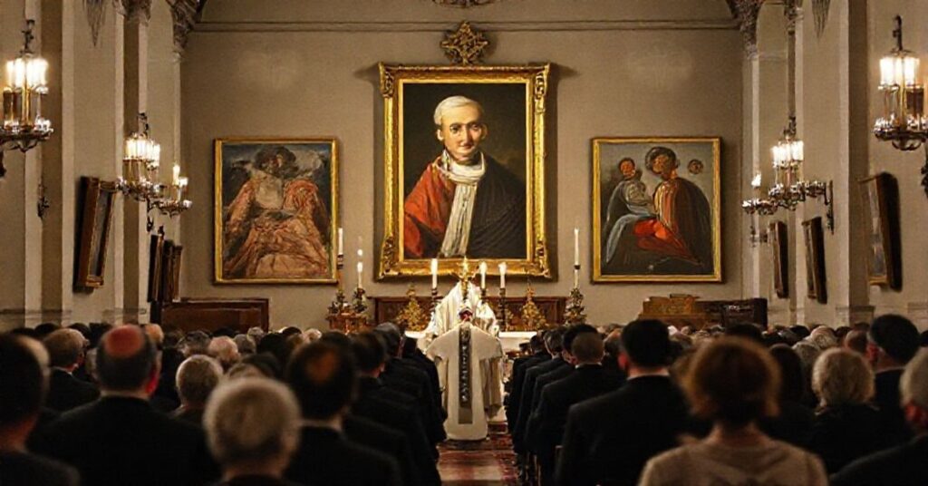 Tradycyjna msza w kościele z portretem Jana Góry OP na tle modernistycznego sztuki.