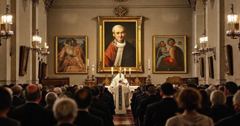 Tradycyjna msza w kościele z portretem Jana Góry OP na tle modernistycznego sztuki.