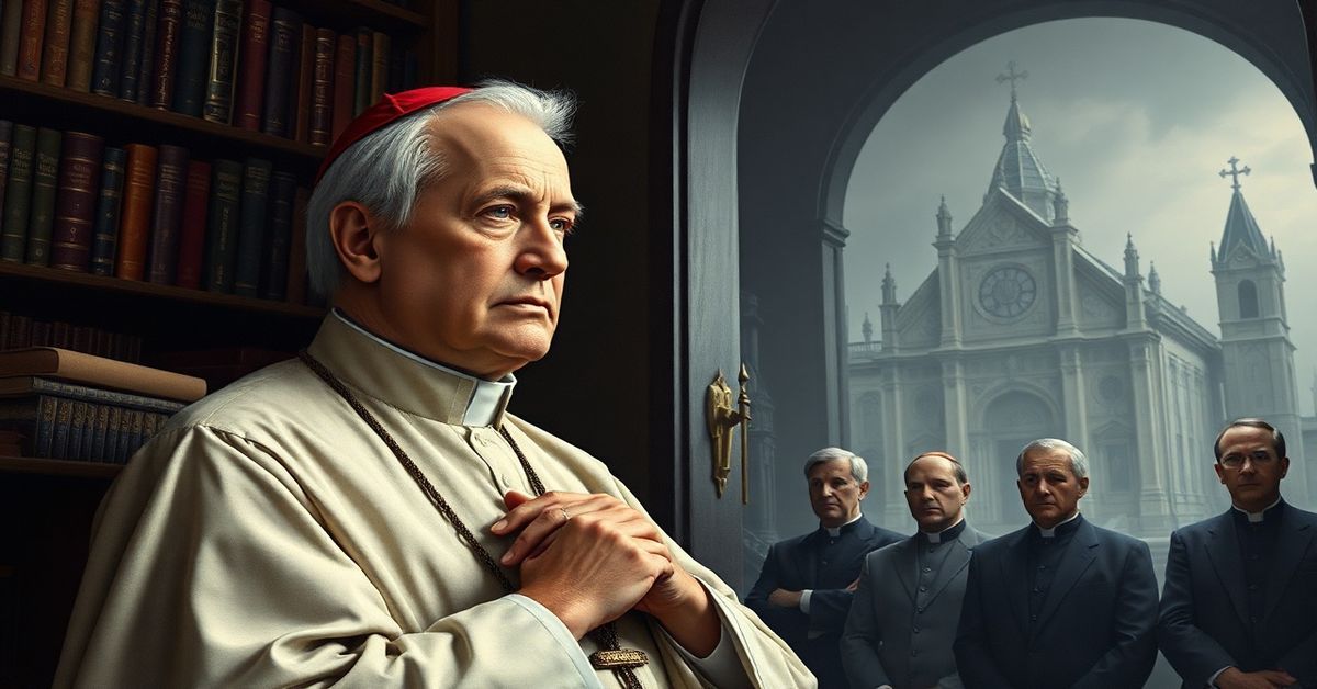 Portret Josepha Ratzingera w otoczeniu nowoczesnych symboli modernizmu z rozmytą tradycyjną kościołem katolickim na tle, podkreślając kontrast między nowoczesnym fałszem a prawdziwą wiarą.