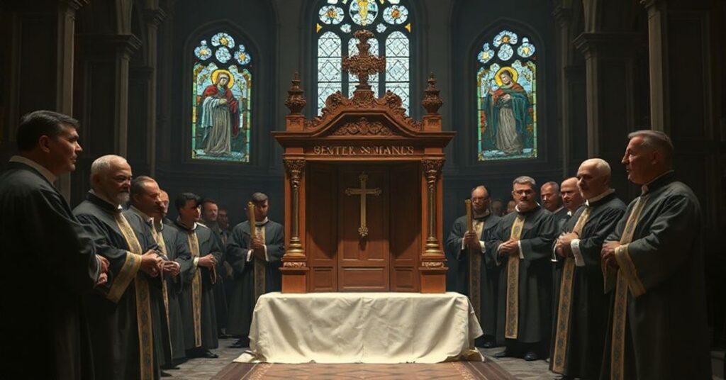 Sobór katolicki z liturgią tradycyjną - wnętrze kościoła przed soborem z pogrzebowym nabożeństwem