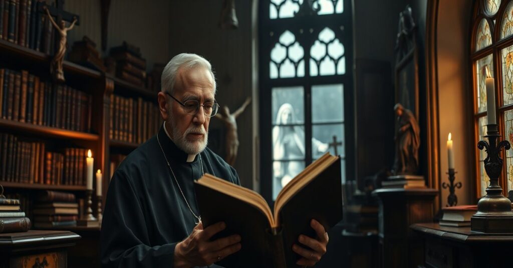Tradycyjna biblioteka katolicka z starannie wykształconym mężczyzną w szatach duchownych czytającym święte księgi przy delikatnym świetle świecy.