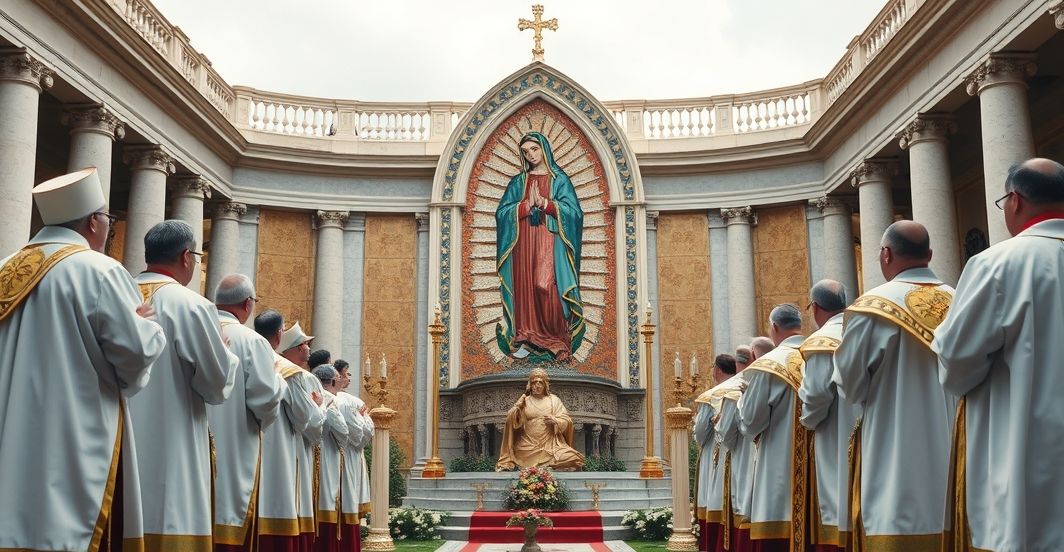 Rewerentne katolickie przedstawienie mozaiki Matki Bożej z Luján w Watykańskich Ogrodach, oddające atmosferę krytyki modernistycznego kultu i fałszywej duchowości