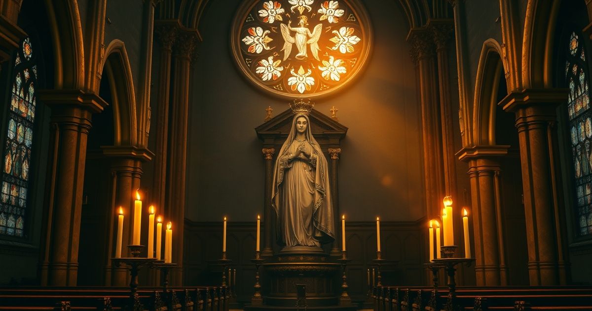 Sanktuarium katolickie z figurą Matki Bożej w tradycyjnej koronie, w otoczeniu świec, symbol oddania i czci w duchu katolickim