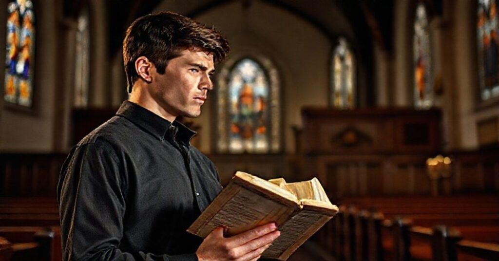 Młody mężczyzna w tradycyjnym kościele patrzący na plakat z filmem "Mission: Impossible", trzymając Biblię