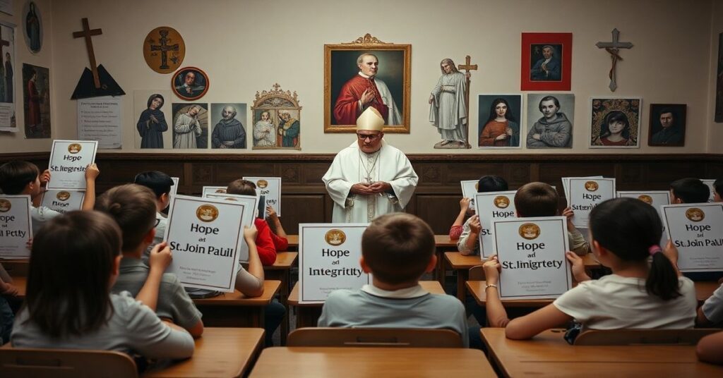 Zdjęcie przedstawia salę lekcji w radomskiej szkole podstawowej podczas modernistycznego wydarzenia poświęconego Janowi Pawłowi II. Uczniowie trzymają plakaty z sekularnymi hasłami podczas przemówienia pseudobiskupa Marka Solarczyka.
