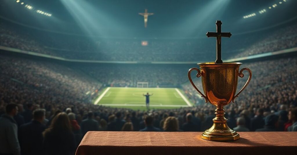 Ciemne widok stadionu piłkarskiego z ołtarzem na pierwszym planie symbolizującym marność doczesnego chwały.