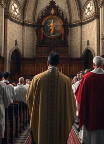 Kult religijny a tyrania państwowa - scena kościelna Wnętrze kościoła katolickiego z duchownymi w vestamentach, ukazujące sacrum i odrzucenie świeckiej tyranii względem religii