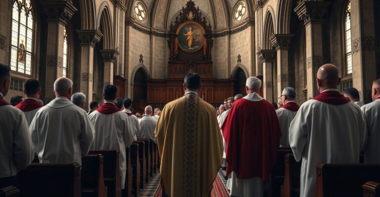 Wnętrze kościoła katolickiego z duchownymi w vestamentach, ukazujące sacrum i odrzucenie świeckiej tyranii względem religii