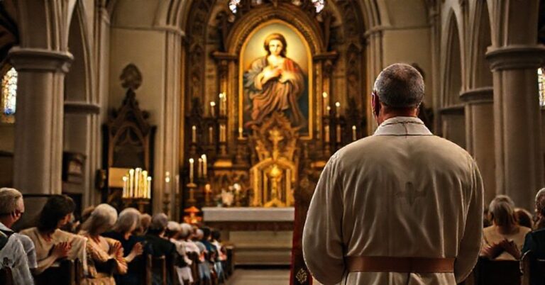 Kapłan tradycyjnie ubrany księż stoi przed ołtarzem z obrazem Najświętszego Serca Jezusa, otoczony wierzaczami modlącymi się w uroczyściowej kościole.