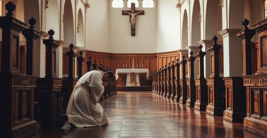Reverentne ujęcie tradycyjnej kaplicy katolickiej z kapłanem na podłodze bez klęcznika, symbolizujące kryzys liturgiczny i odrzucenie tradycyjnej pobożności