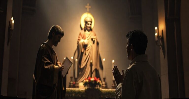 Rzeżbisty obraz przedstawiający tradycyjną statuę św. Judy w kościele z wiernym w modlitwie