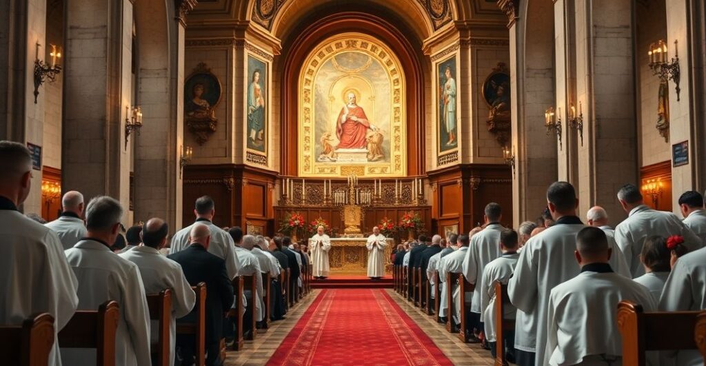 Religijne nabożeństwo z szacunkiem do relikwii św. Ojca Pio w tradycyjnej katolickiej świątyni, ukazujące wiernych w modlitwie i pokorze.