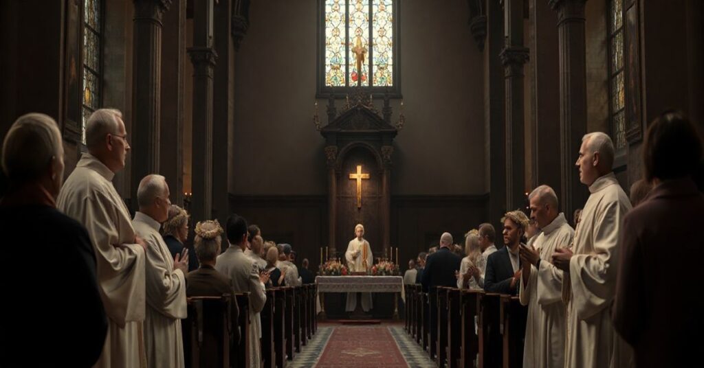 Reverentne zdjęcie katolickiej mszy w tradycyjnym kościele, ukazujące duchową refleksję nad kontrowersyjnym procesem beatyfikacji, z naciskiem na autentyczność i powagę wydarzenia