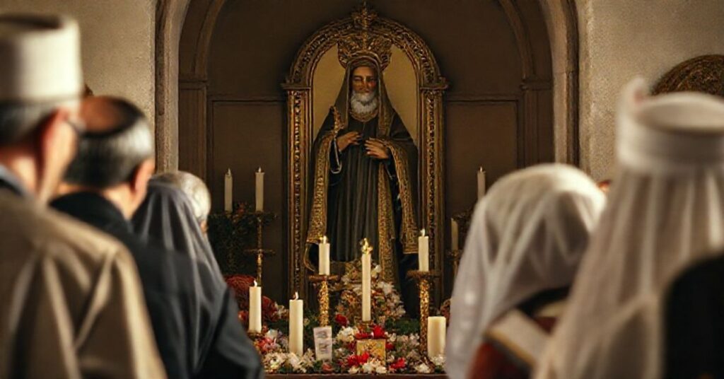 Kult o. Wenantego Katarzyńca - tradycyjne sanktuarium z rzeźbą i wiernymi w modlitwie