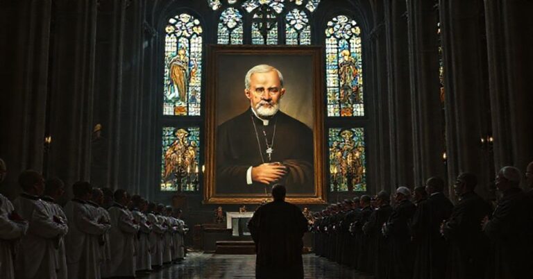 Wnętrze katedrali z portretem Karola Wojtyły otoczonego elementami modernistycznymi, biskupi w nowoczesnych ornatach idą w milczeniu w procesji