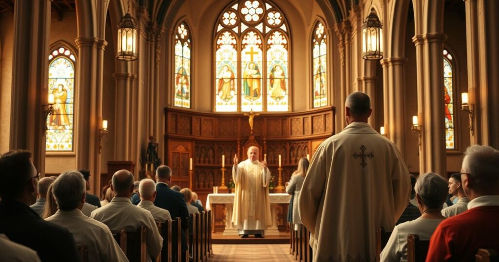 Realistyczne zdjęcie kościoła katolickiego podczas Eucharystii, kapłan w tradycyjnych szatach, ołtarz, wierni w modlitwie, podkreślające sacrum i tradycję katolicką.
