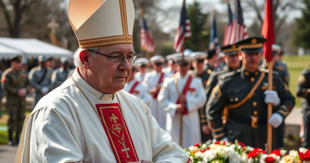 Fotografia realistyczna z katolickim kapłanem w tradycyjnym stroju podczas uroczystości wojskowej, wyrażająca powagę i krytykę nowoczesnych odchyleń od katolickiej nauki