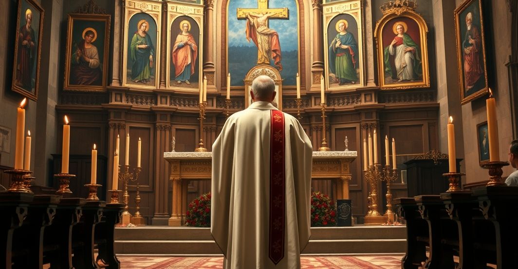 Klasztorna scena z krytyką nowoczesnych interpretacji katolickich Koncelebrowany kapłan w tradycyjnych szatach przy ołtarzu, symbolizujący krytykę modernistycznej interpretacji katolicyzmu.