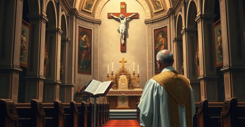 Sanktuarium katolickie z krucyfiksem i kapłanem w modlitwie, symbol wiary i Bożego panowania