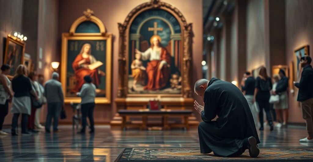 Tradycyjne dzieło sztuki sakralnej kontrastujące z nowoczesną galerią artystyczną, symbolizujące duchową pustkę współczesnej kultury