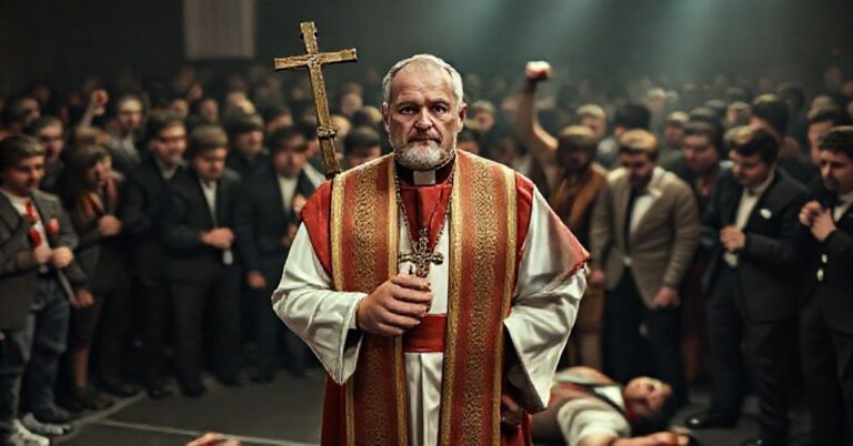 Ksiądz w tradycyjnym stroju kościelnym trzyma krucyfiks przed tłumem młodych osób, na tle walczących MMA. W przeciwieństwie do brutalnej kultury współczesnej widoczna jest idealizowana wizja dawnych wartości polskiej szlachty.