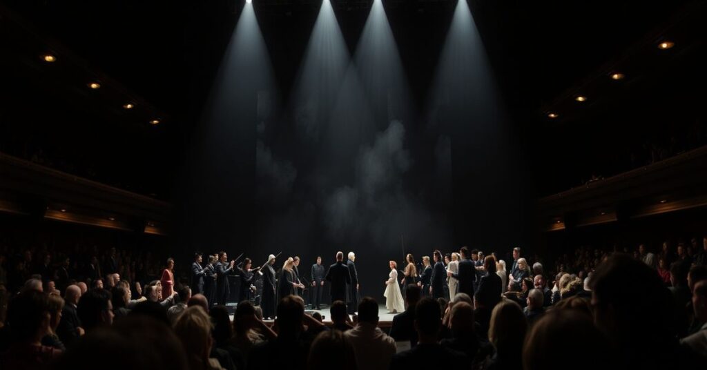 Scena z opery 'Kobieta bez cienia' w Operze Narodowej w Warszawie w reżyserii Mariusza Trelińskiego. Chaotyczne dekoracje i kostiumy symbolizujące upadek duchowy i modernistyczną herezję.