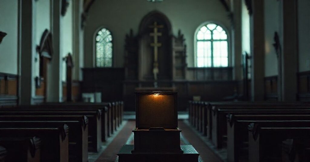 Wnętrze kościoła katolickiego z konfesjonałem na pierwszym planie w porównaniu z nowoczesnym gabinetem psychoterapii na tle, ukazujące konflikt między autentyczną łaską sakramentalną a współczesnym indywidualizmem terapeutycznym.