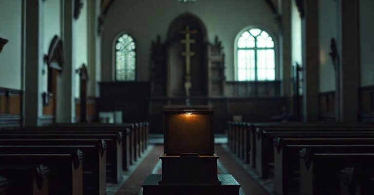 Wnętrze kościoła katolickiego z konfesjonałem na pierwszym planie w porównaniu z nowoczesnym gabinetem psychoterapii na tle, ukazujące konflikt między autentyczną łaską sakramentalną a współczesnym indywidualizmem terapeutycznym.