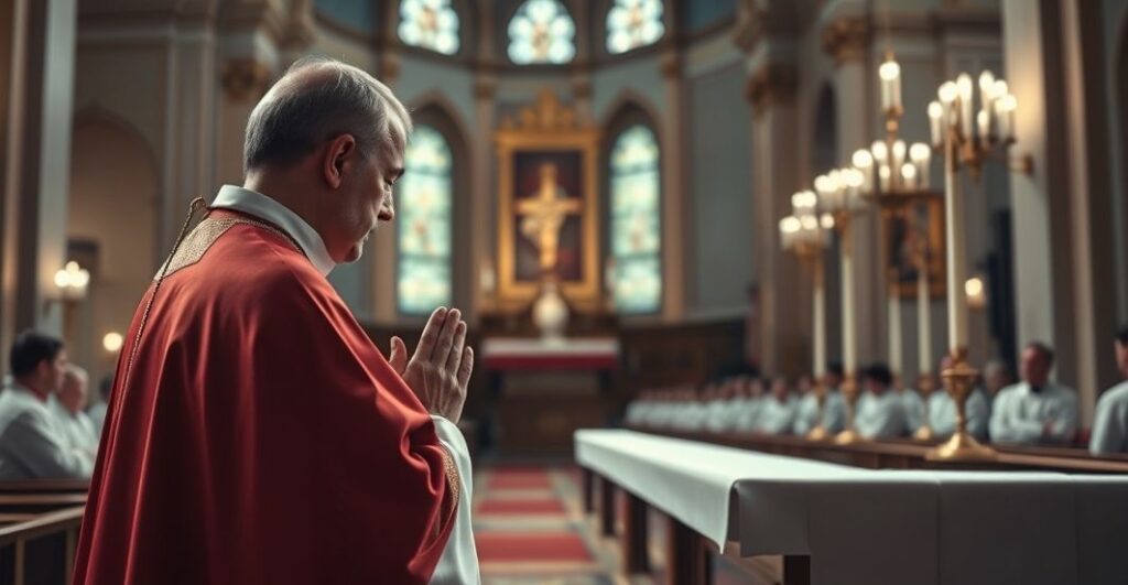 Kapłan modlący się przed Najświętszym Sakramentem w tradycyjnej katolickiej świątyni, symbolizujący wierność Królowi Chrystusowi i duchową walkę w obliczu współczesnych zagrożeń.