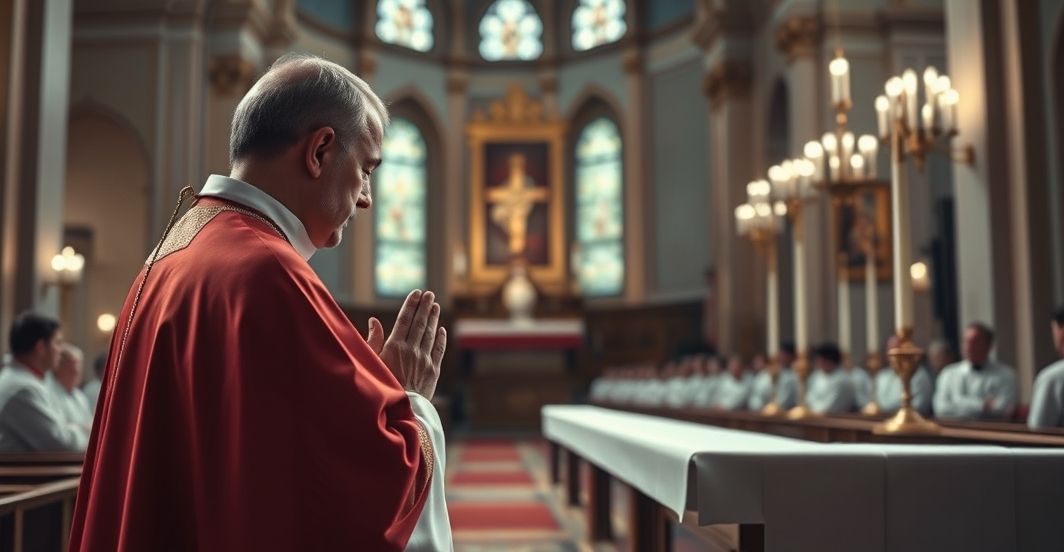 Kapłan modlący się przed Najświętszym Sakramentem w katolickiej świątyni Kapłan modlący się przed Najświętszym Sakramentem w tradycyjnej katolickiej świątyni, symbolizujący wierność Królowi Chrystusowi i duchową walkę w obliczu współczesnych zagrożeń.