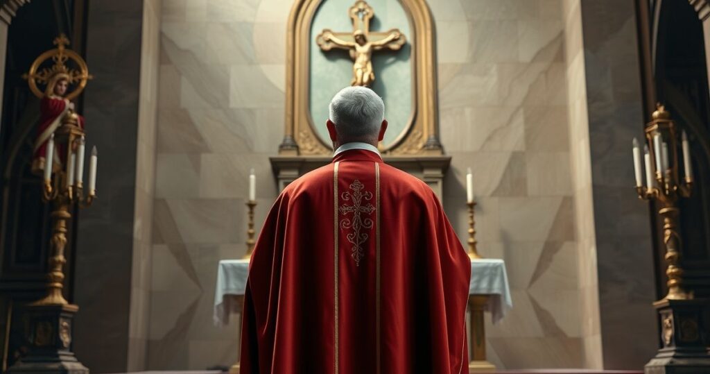 Obraz katolickiego kapłana w tradycyjnych szatach przed ołtarzem, symbolizujący wierność naukom Kościoła i autentyczną duchowość.