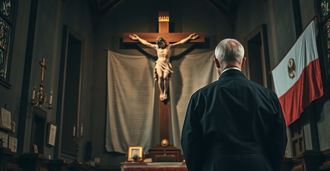 Kapłan katolicki w czarnych szatach przed krucyfiksem w kościele, symbolizujący modlitwę i opór wobec totalitaryzmu ateistycznego, z dokumentami historycznymi w tle
