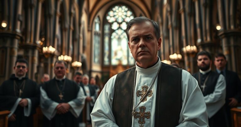 Kapłan katolicki w tradycyjnych szatach modli się w pięknej, historycznej katedrze, wyrażając powagę i krytykę nowoczesnych odchyłów od tradycyjnej wiary.