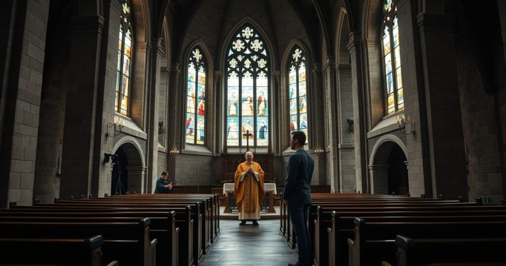 Rekolekcja katolicka w tradycyjnym kościele z kapłanem i filmowcem, symbolizująca krytykę modernistycznej sztuki w Kościele