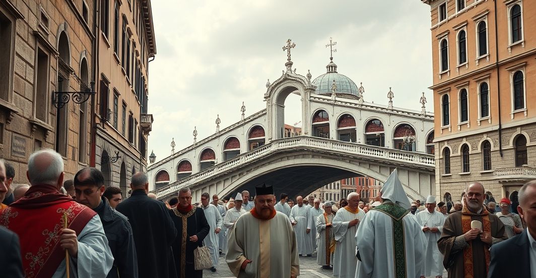 Realistyczny obraz katolickiej pielgrzymki na historyczny most w Wenecji, z duchownymi i wiernymi w modlitewnej zadumie, ukazujący głęboki szacunek i wiarę, podkreślający krytykę współczesnej sekularyzacji praktyk religijnych