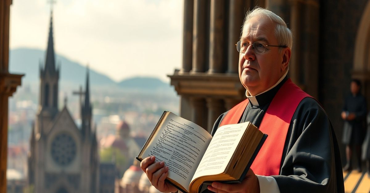 Kulturowa redukcja chrześcijaństwa w webinarze Ksiądz w tradycyjnym ornacie stoi przed gotyckim kościołem z otwartą Biblią w dłoni. Tło przedstawia współczesne miasto w rozmyciu.