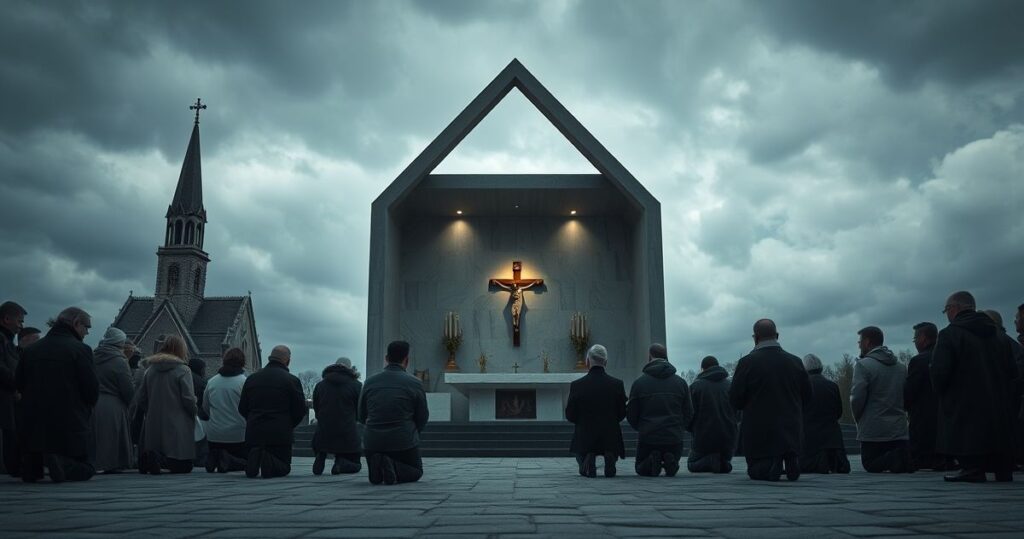 Religijne pielgrzymki w Kalwarii Zebrzydowskiej, ukazujące skupioną, modlącą się społeczność katolicką w kontekście kryzysu wiary i modernistycznych zmian
