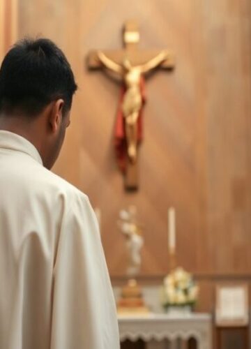 Katolicki duchowny modli się w obliczu kryzysu wiary i zdrady Kościoła Reverent Catholic priest podczas modlitwy przed ołtarzem, symbolizujący wiarę i duchową walkę w obliczu kryzysu moralnego i zdrady Kościoła