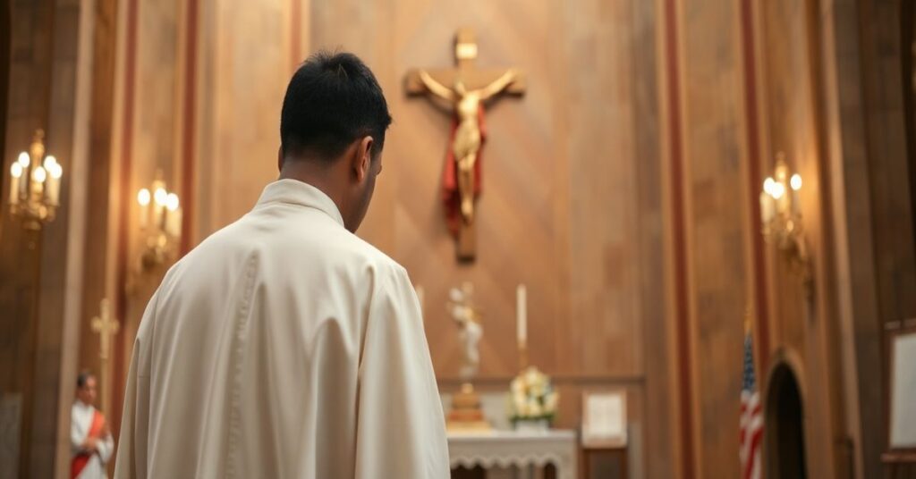 Reverent Catholic priest podczas modlitwy przed ołtarzem, symbolizujący wiarę i duchową walkę w obliczu kryzysu moralnego i zdrady Kościoła