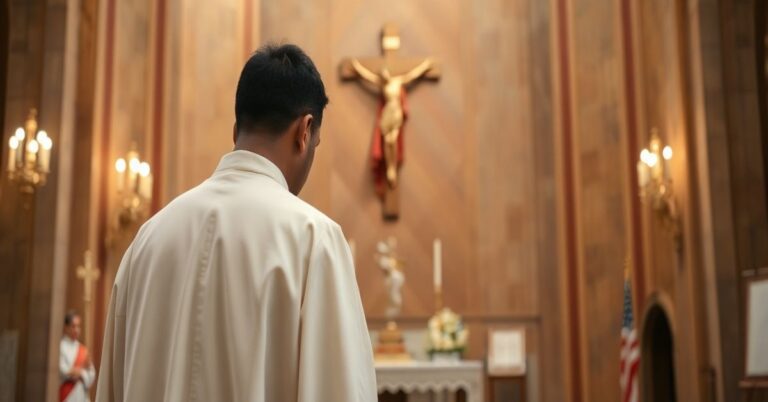 Reverent Catholic priest podczas modlitwy przed ołtarzem, symbolizujący wiarę i duchową walkę w obliczu kryzysu moralnego i zdrady Kościoła