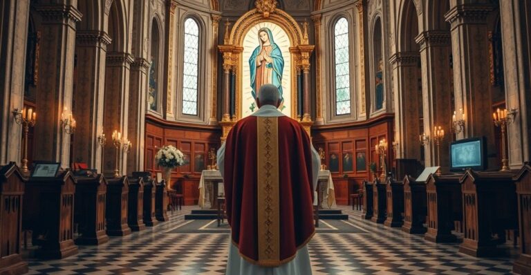 Rewersyjny katolicki ksiądz stojący przed ołtarzem z obrazem Matki Bożej Częstochowskiej w tradycyjnej świątyni, symbolizujący kryzys sacrum i moralnego upadku kultury.