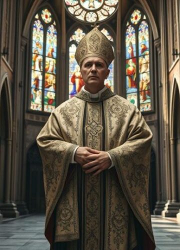 Sedevacantistyczny obraz krytyki nowoczesnego Kościoła katolickiego Kapłan katolicki w tradycyjnym stroju liturgicznym w starej katedrze, wyraz powagi i troski o wiernych wobec nowoczesnych zagrożeń