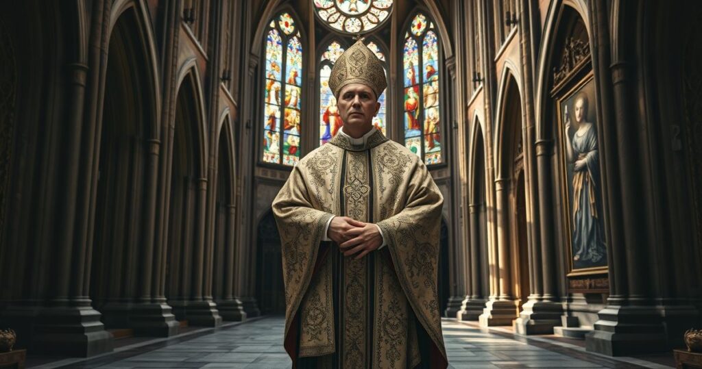 Kapłan katolicki w tradycyjnym stroju liturgicznym w starej katedrze, wyraz powagi i troski o wiernych wobec nowoczesnych zagrożeń