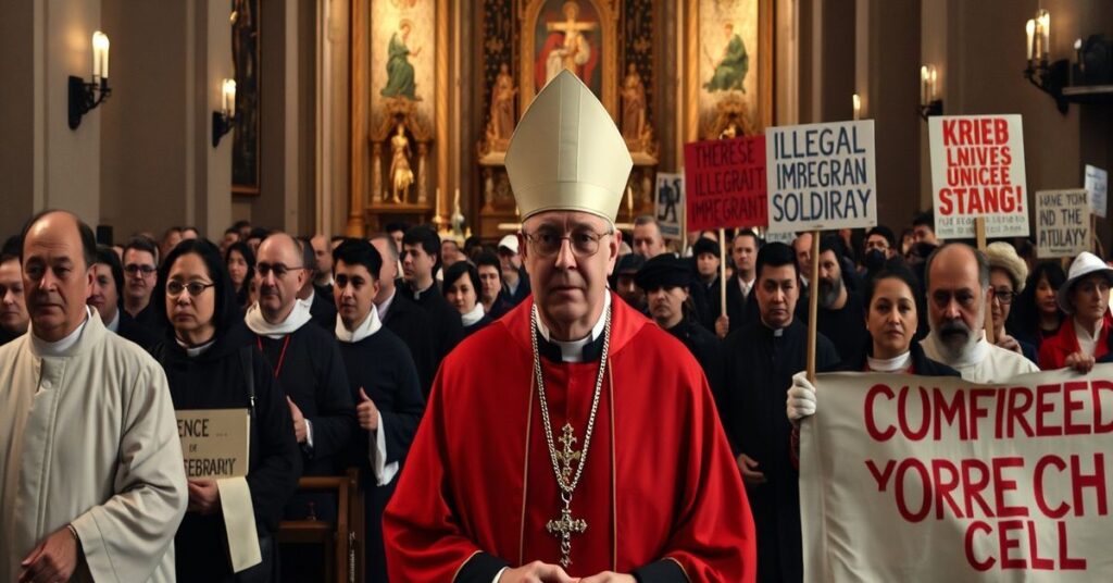 Zdjęcie przedstawiające fałszywą modlitwę popiołową prowadzoną przez rzekomego kardynała Blase Cupicha w Kościele modernistów w Chicago. W procesji biorą udział lewicowi aktywiści wspierający nielegalną imigrację.