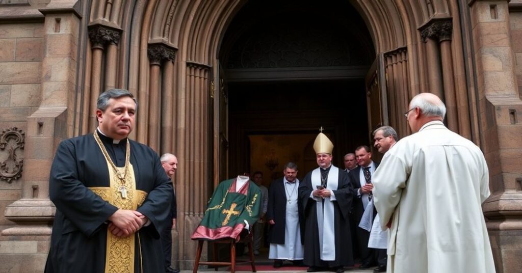 Katedra we Wrocławiu z grupą wiernych i klerem przed nią, w tle „abp” Józef Kupny w kaszule biskupiej.